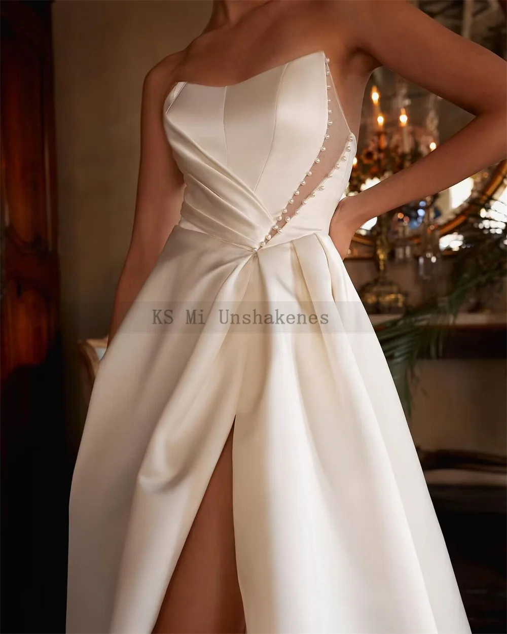 Ivory High Quality Satin Wedding Dresses 2024 Women Sexy Beach Bridal Dress Split Side Wedding Gowns Strapless Beads Mariage