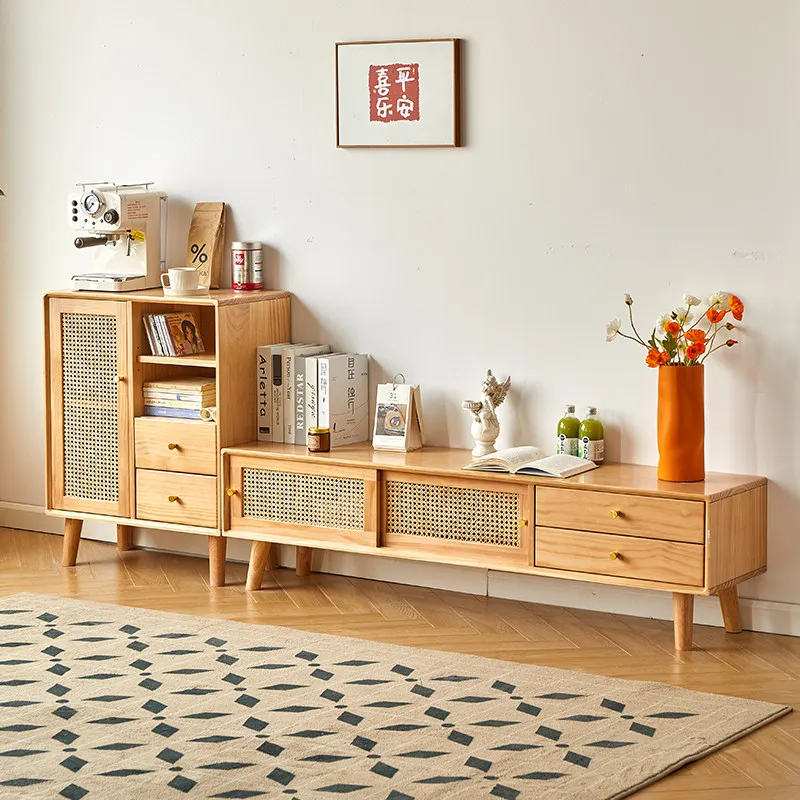 Solid wood TV cabinet living room simple modern small apartment Nordic floor-to-ceiling rattan Japanese log TV cabinet