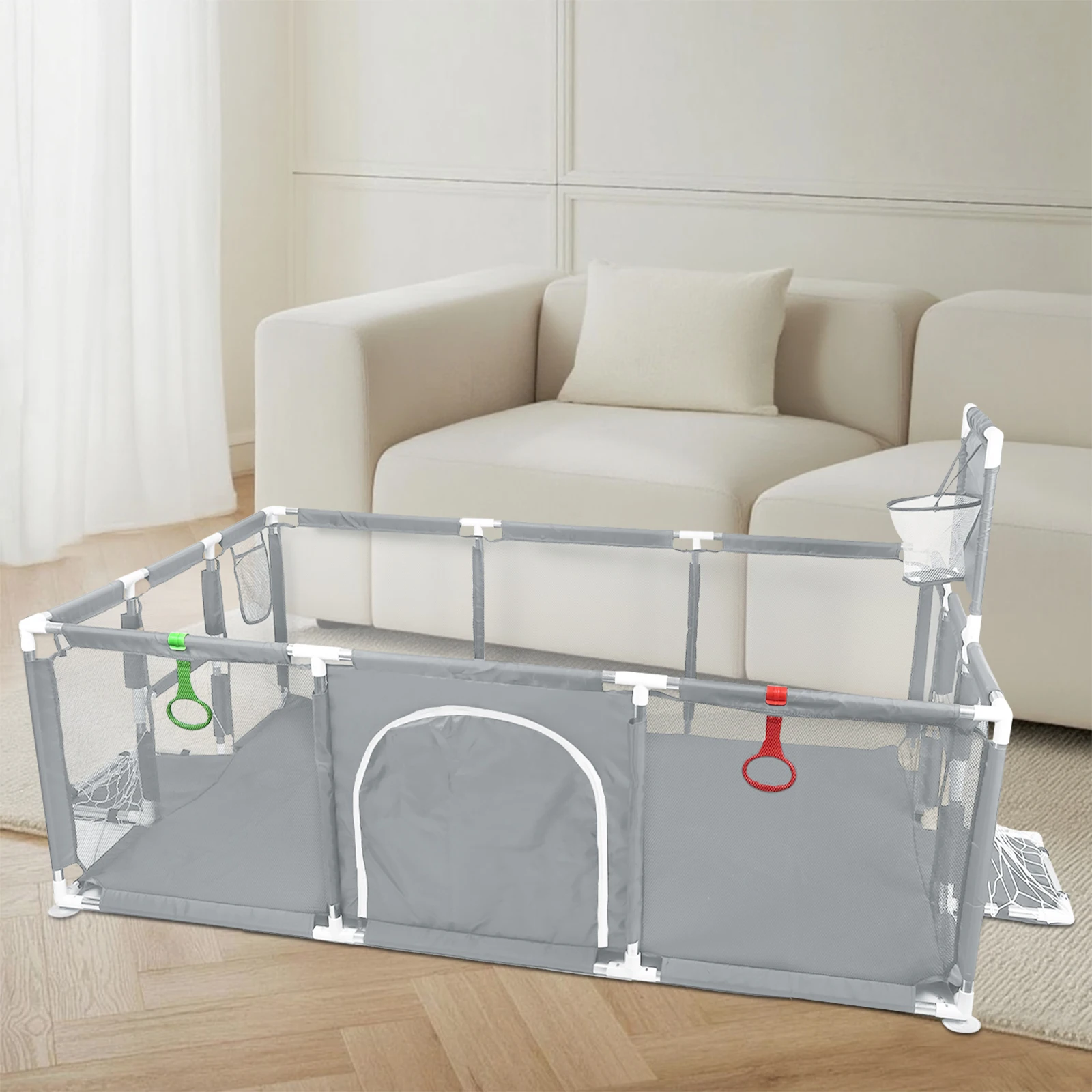Parc pour Bébé + Ballon de Football et Basket-ball - 180 x 120 x 66 cm - Parc de Jeux pour Bébé avec Maille Respirante - Gris Foncé / Gris Clair / Noir / Bleu Marine
