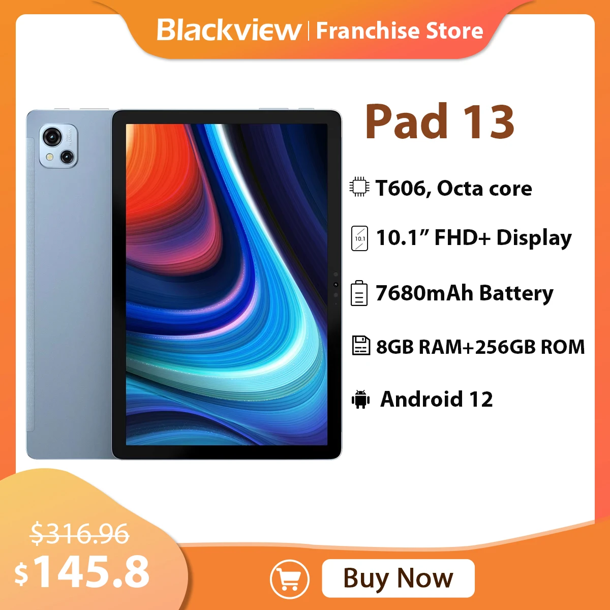 Планшет Blackview Oscal Pad 13, 10,1-дюймовый дисплей FHD+IPS 1200*1920 60 Гц, 8 ГБ 256 ГБ, задняя камера 13 МП, 7680 мАч Android 12 Pad PC