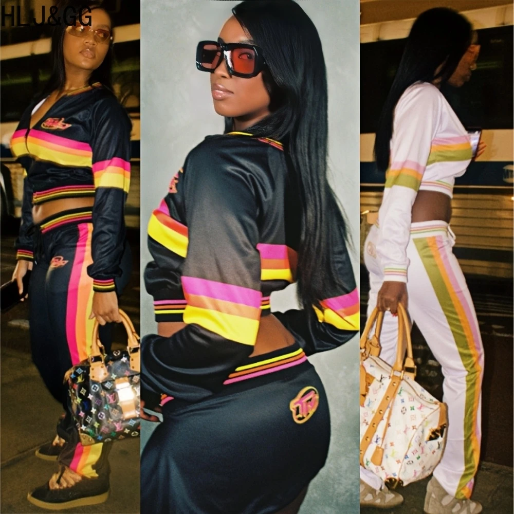 

HLJ&GG Y2K Fashion Streetwear Women Stripe Print Zipper Long Sleeve Crop Top And Drawstring Pants Two Piece Sets Autumn Outfits