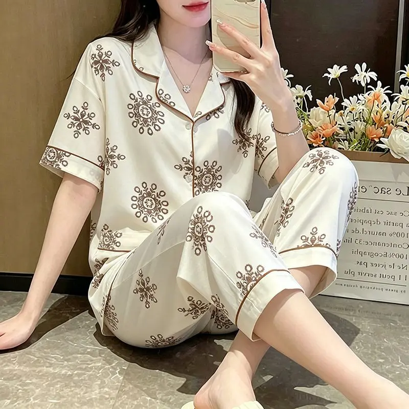 Women's Satin Pajama Set, Short Sleeve Long Pants Snowflake Print Lapel Collar Button Down Sleepwear Loungewear Pyjamas Pijama