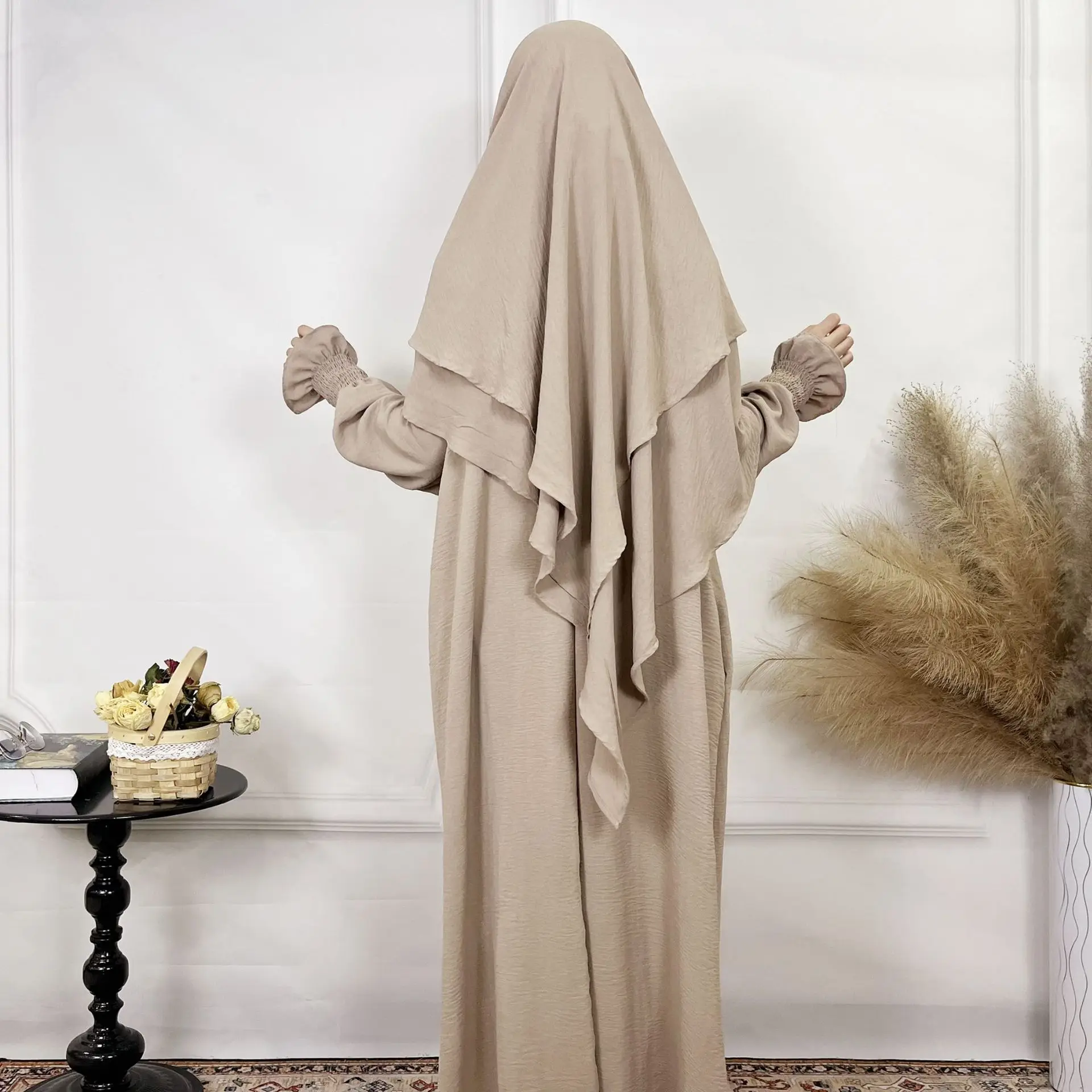 Ice Silk Wrinkled Two-piece Set Dubai Turkey Solid Color Pocket Dress Plus Double Headscarf