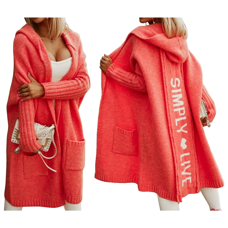 

Best Of 2025 — женский длинный кардиган большого размера с капюшоном, повседневный однотонный свитер с длинными рукавами и буквенным принтом, верхняя одежда