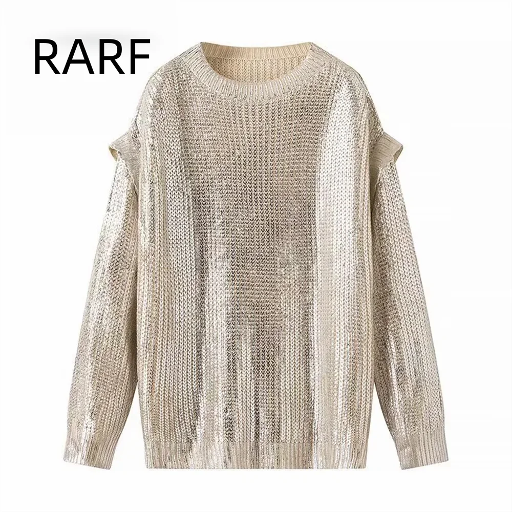 

2024 winter new women's clothing French fashion design versatile casual metal round neck pullover sweater