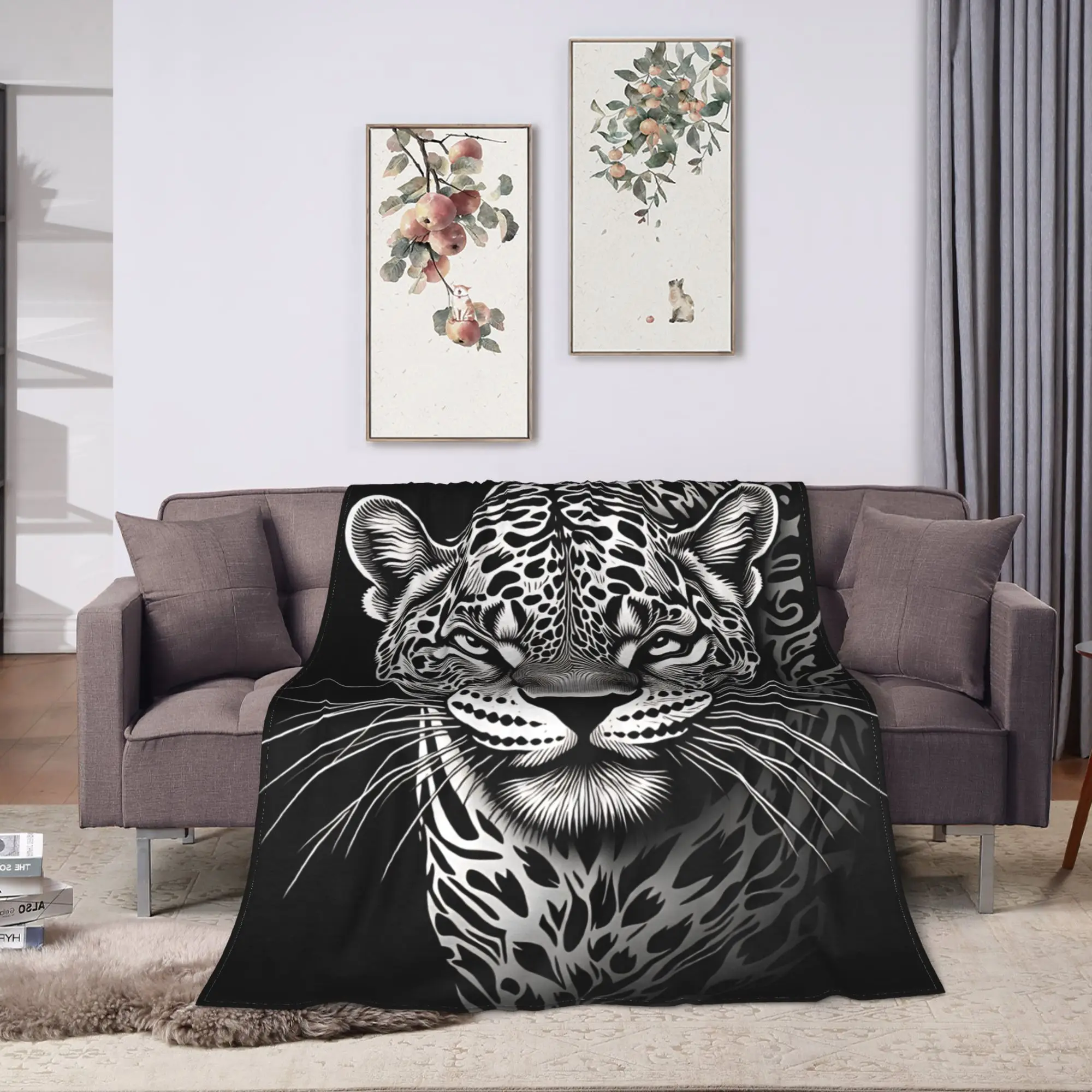 Black Background Line Art Leopard Portrait Throw Blanket Warm Cozy Aesthetic Blanket  For Outdoor Camping Bedspread Bed Cover