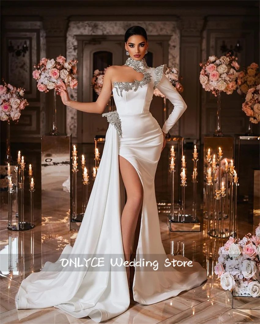 

Luxury Mermaid Wedding Dresses 2024 One Sleeves Beading Crystal Diamonds Robe De Mariee Custom-Made Bridal Gowns