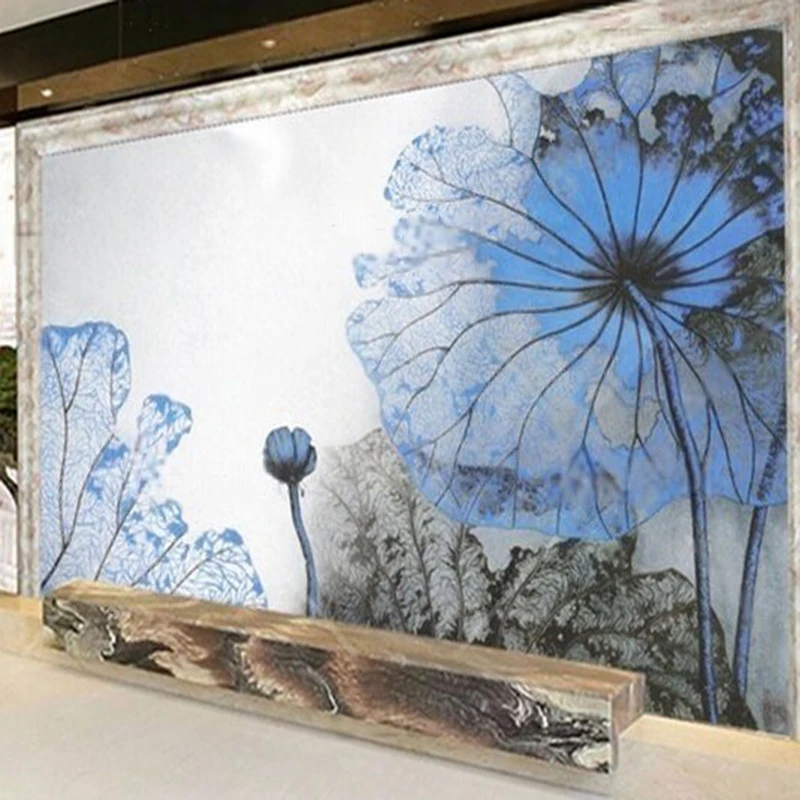 The background wall of the luxurious home bedroom with a water-blue ink-wash painting in Hualien pool