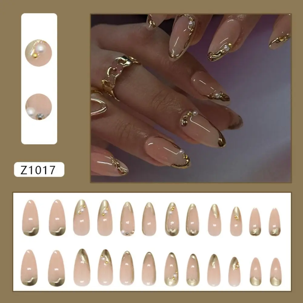 24pcs Manicure Long Almond False Nails French Pearl bow Fine Glitter Fake Nails Detachable Sparkling Rhinestones Nail Tips Women