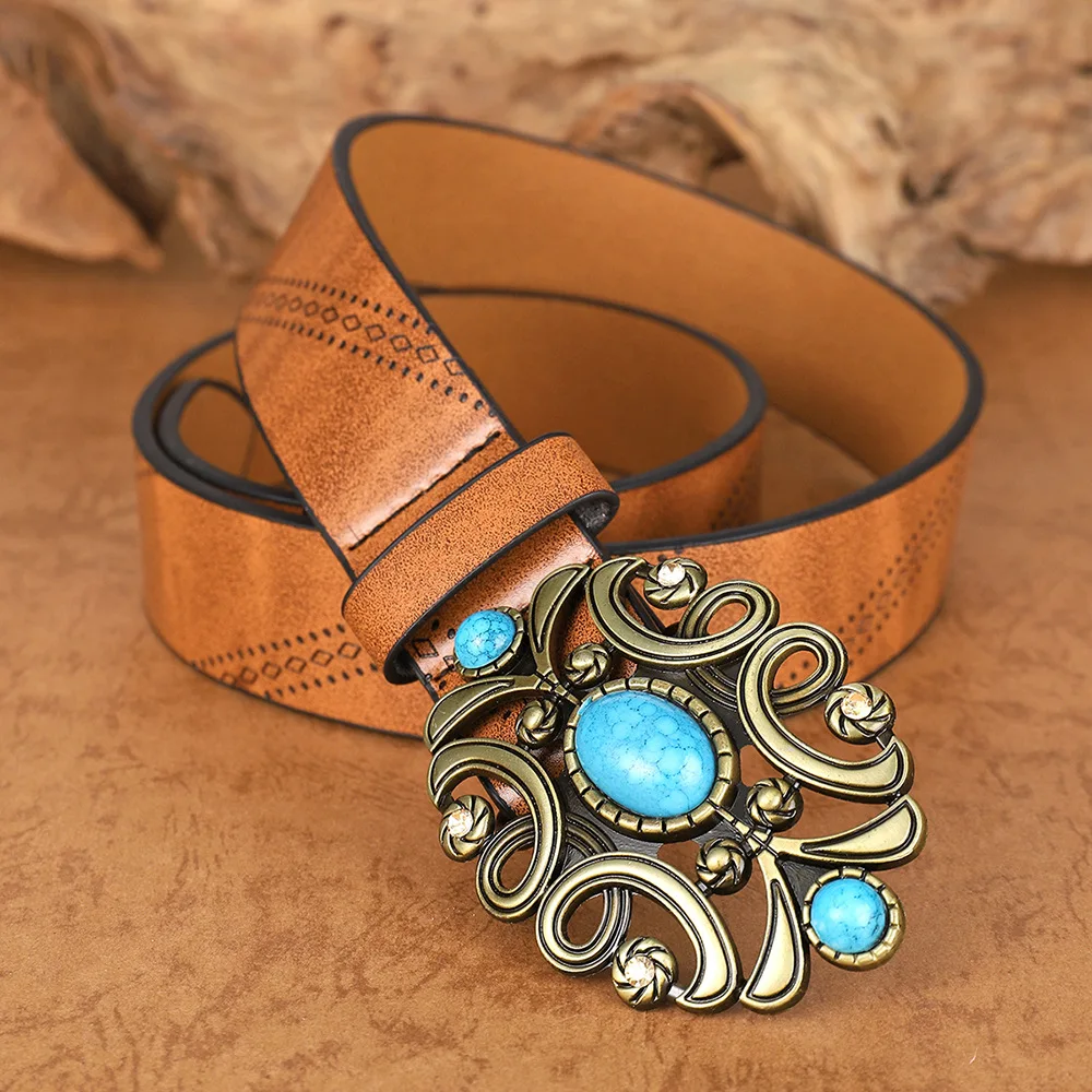 

Ins Turquoise Stone Buckle Waist Belts For Women Bohemian Fashion Women Adjustable Slide Buckle PU Leather Belts Femme Ceinture