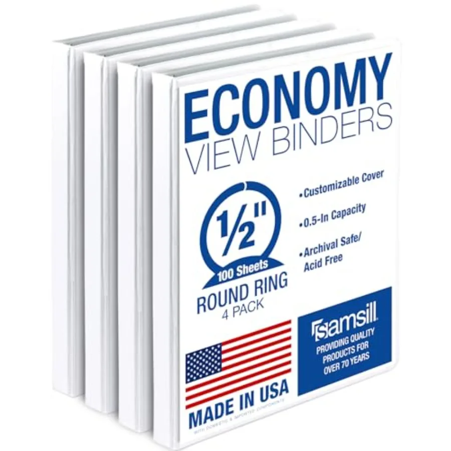 

0.5 Inch 3 Ring Binder, Economy Round Ring, Clear View Cover, 100 Sheet Capacity - for School, Home, Office -, 4 Pack