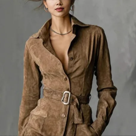 ملابس نسائية فساتين حفلات أنيقة من جلد الغزال موضة كم طويل طية صدر السترة تنورة واحدة فستان قميص مع حزام فستان نسائي قصير #2