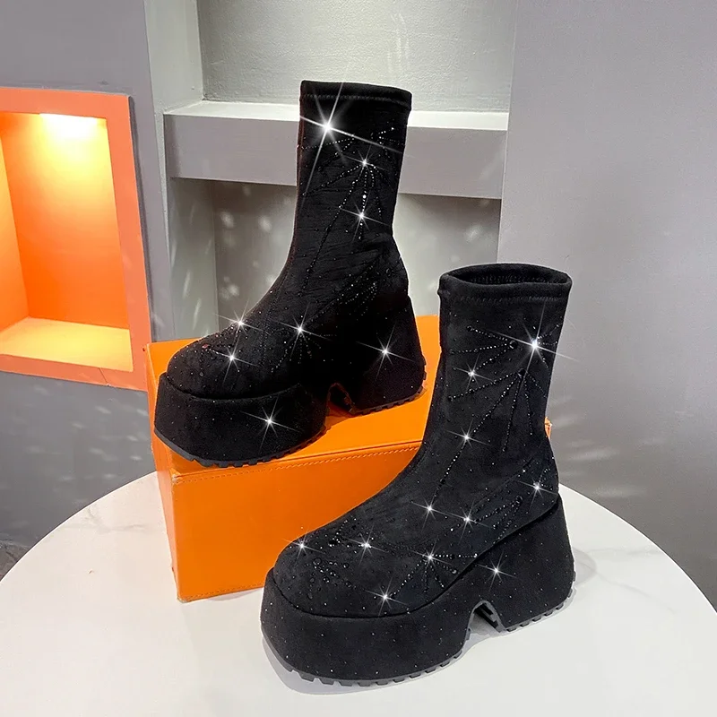 High-end Stretch Rhinestone Short Boots Women Autumn Winter Style Fashion Thick Soled Comfortable Boots Party Casual Shoes