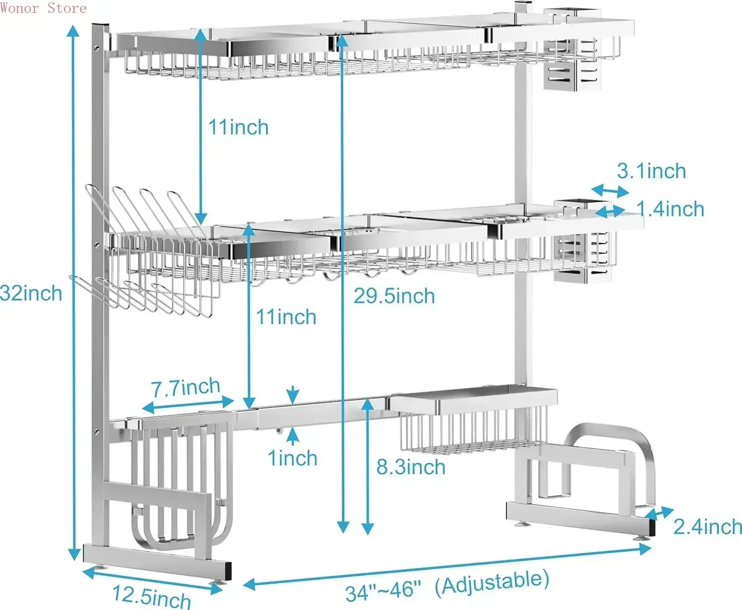 

Over Sink Dish Drying Rack Stainless Steel, Adjustable Large Dish Drainer for Storage Kitchen Organization Silver 3 Tier