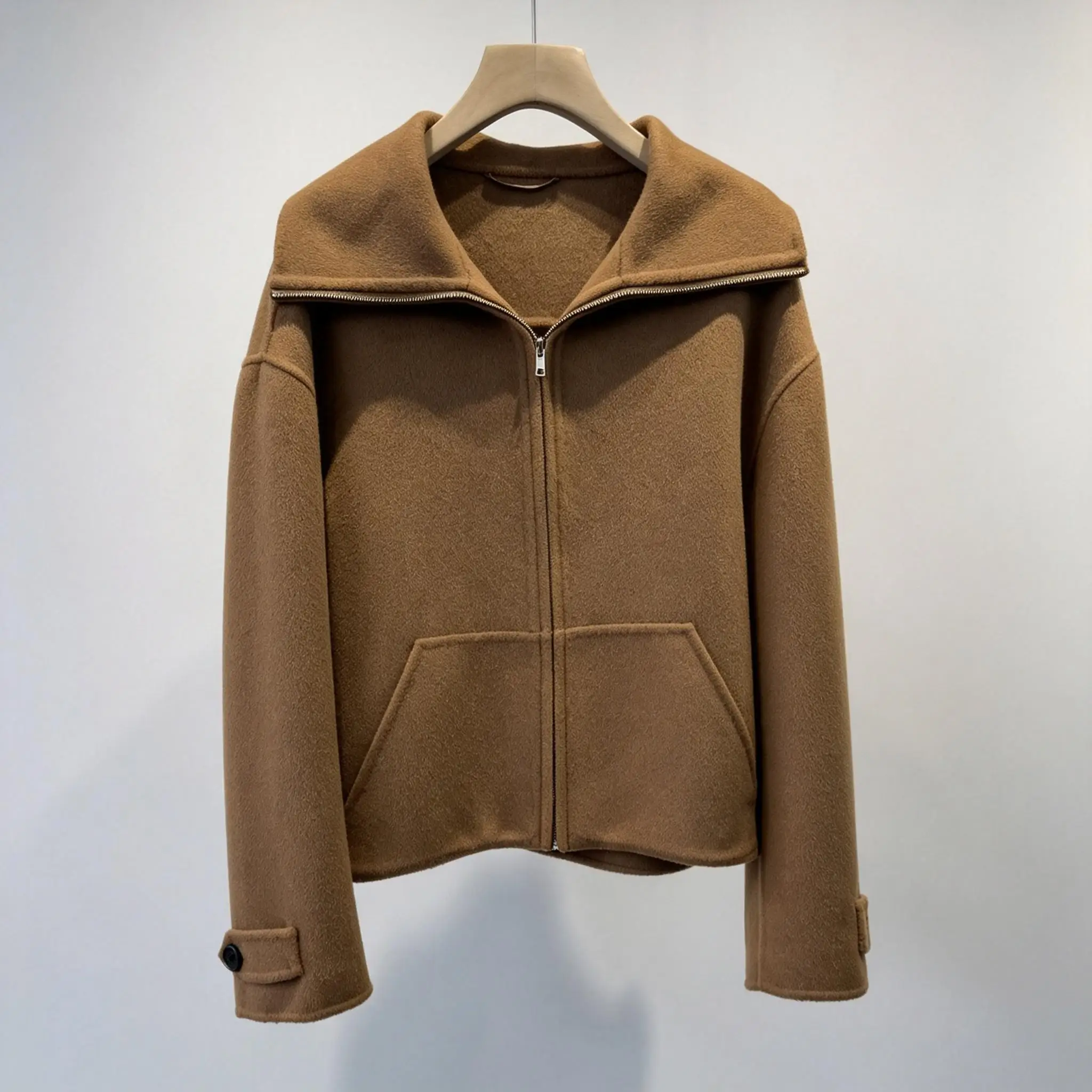Women Camel Zip High Collar Short Double Sided Wool Coat