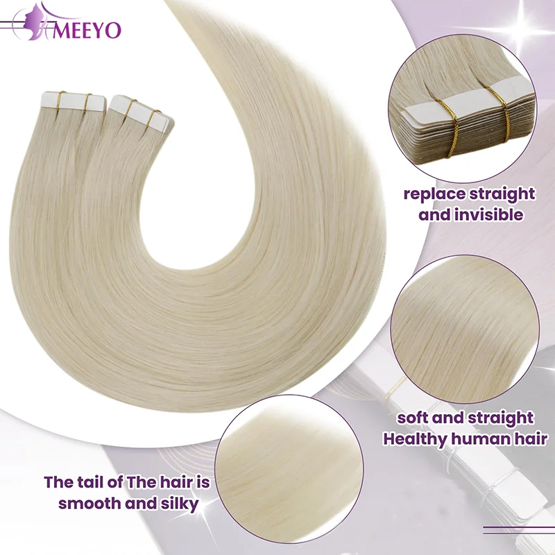 Tape in Hair Extensions Platinum Blonde Color 60 Brazilian Remy Human Hair Tape ins Human Hair Extensions Miękkie ludzkie włosy 50G