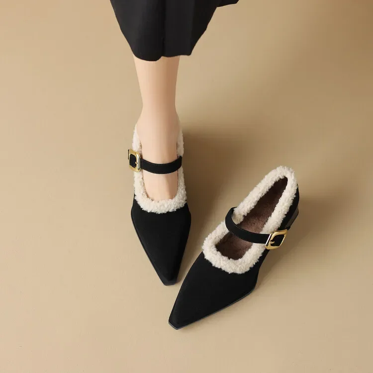 Fur Women Shallow Shoes Suede Pointed Toe Short Plush Cotton Mid Heels Shoes 2025 Trend Fad New Pumps Winter Femme