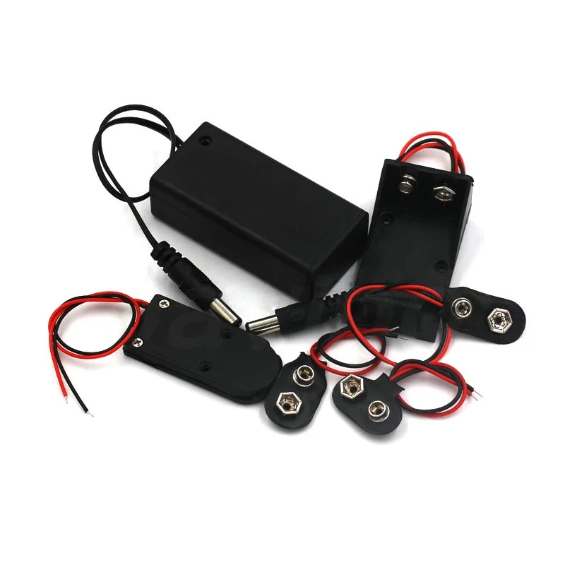 9 volt Box Pack Power Toggle Black 9V Battery Holder I/T Type Battery Clips Connector Buckle with ON/OFF Switch,DC5.5 Plug