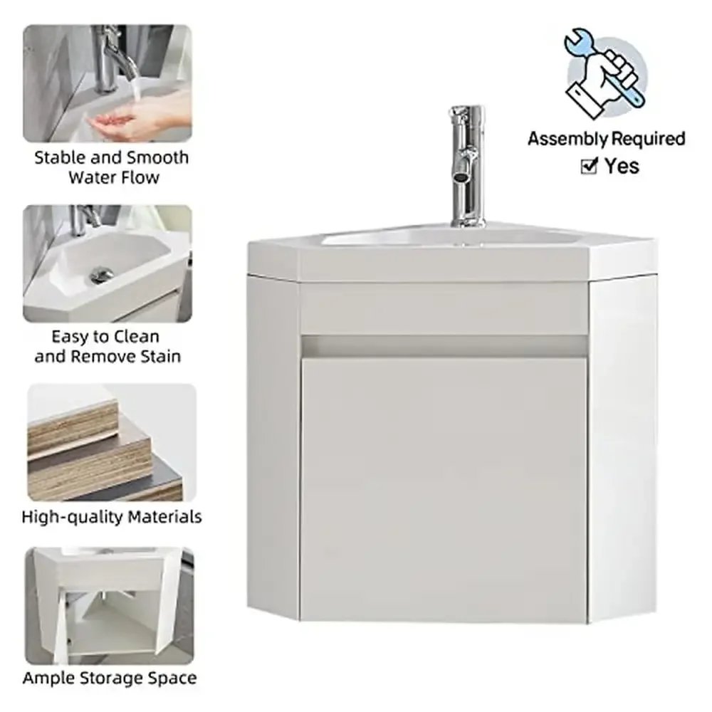 Set da bagno moderno bianco a parete, lavabo in resina, rubinetto cromato, design salvaspazio, facile da installare, dimensioni ridotte da 16 pollici