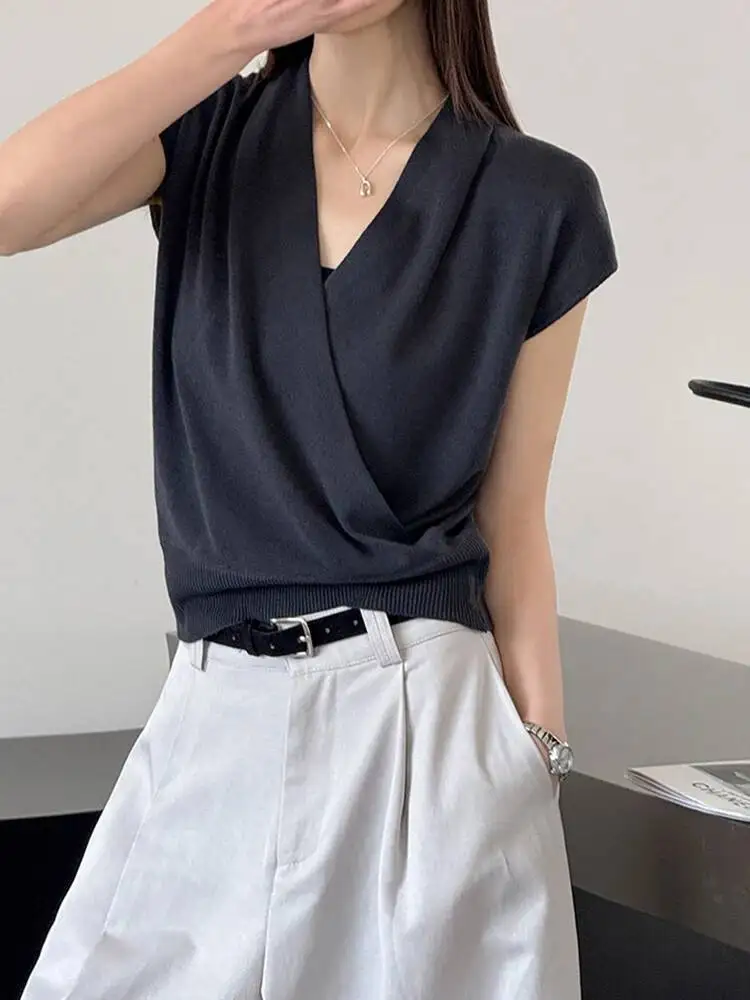 Women Dark Gray Cross Spliced Elegant Knitting T-shirt New V-Neck Sleeveless Fashion Tide Spring Summer