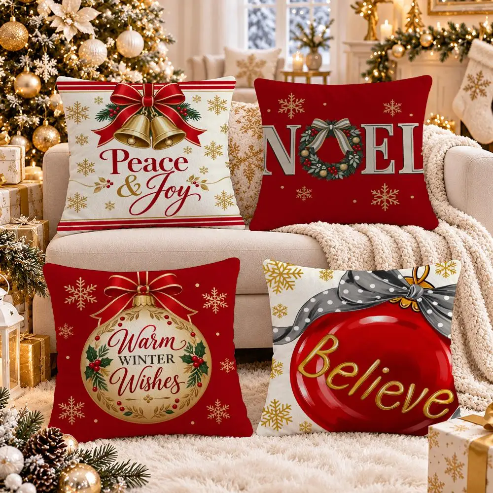 Set da 4 federe per cuscini natalizi, rosse e dorate, in morbido peluche corto, con stampa su entrambi i lati, per decorare la casa, ideale come regal