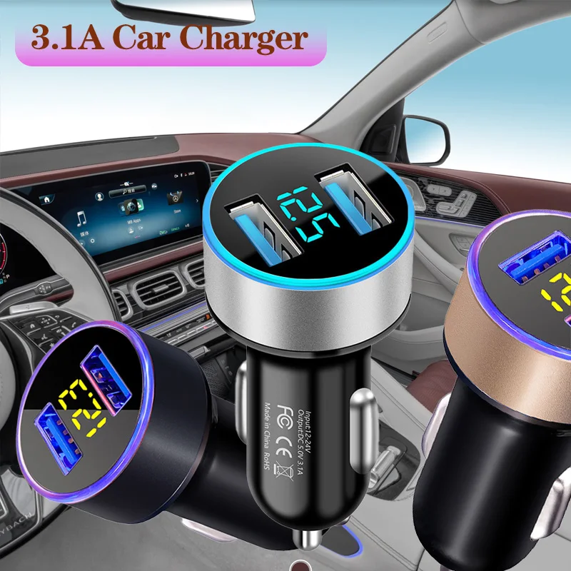 Aluminum Alloy Frame Dual USB Ports Car Charger Fast Charging  Car Cigarette Lighter Flash Charge with Digital Voltage Display