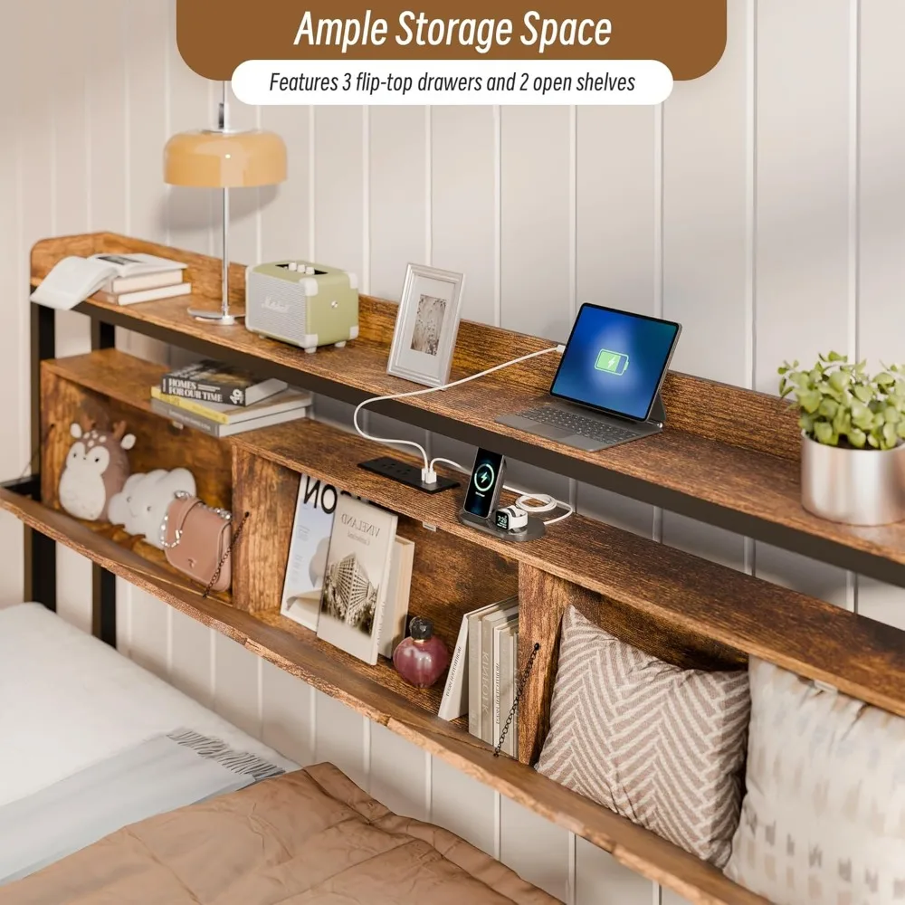 Tempat Tidur Daybed dengan Tempat Tidur Lipat dan Sandaran Kepala Berpenyimpanan, Rangka Tempat Tidur Twin Logam Kokoh dengan Lampu LED & Stasiun Pengisian Daya