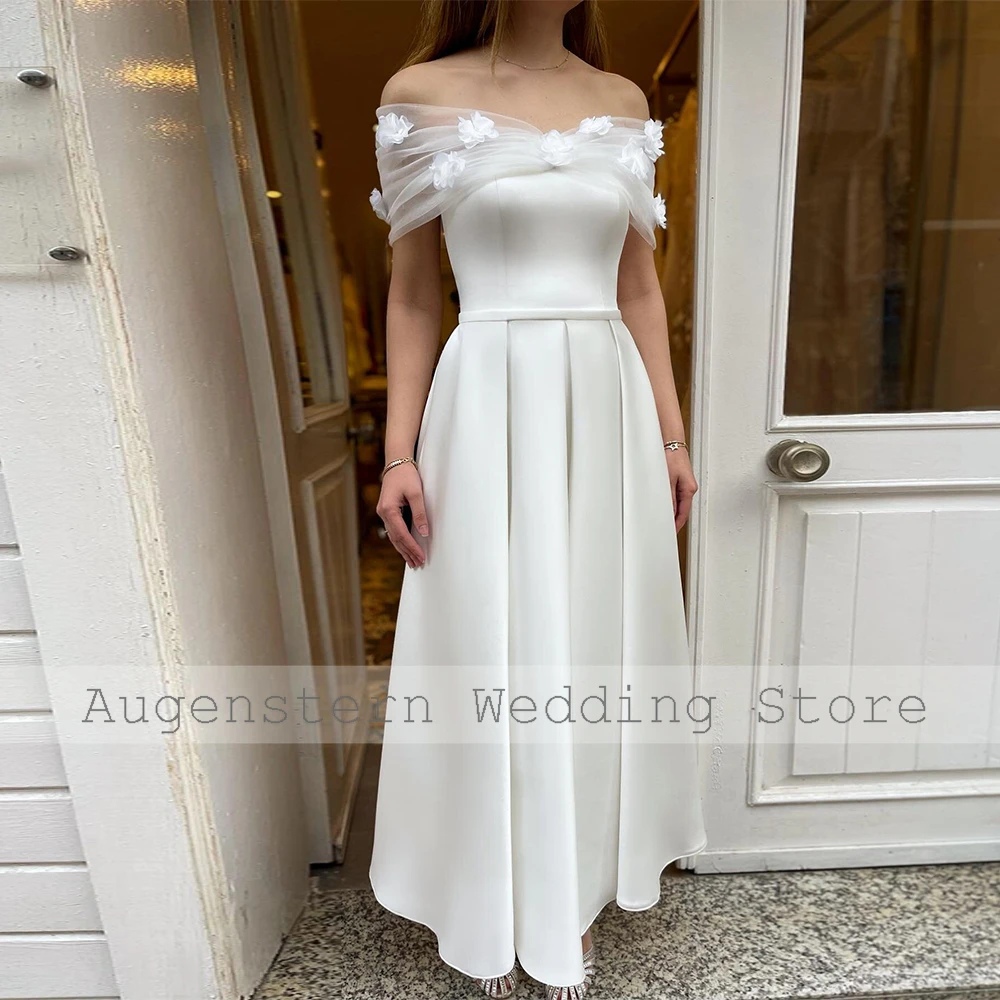 Modern Wedding Dresses 2025 Satin A-line Wedding Party Gown White Net Off-the-shoulder Applique Ruched Pleat Wedding Guest Gown