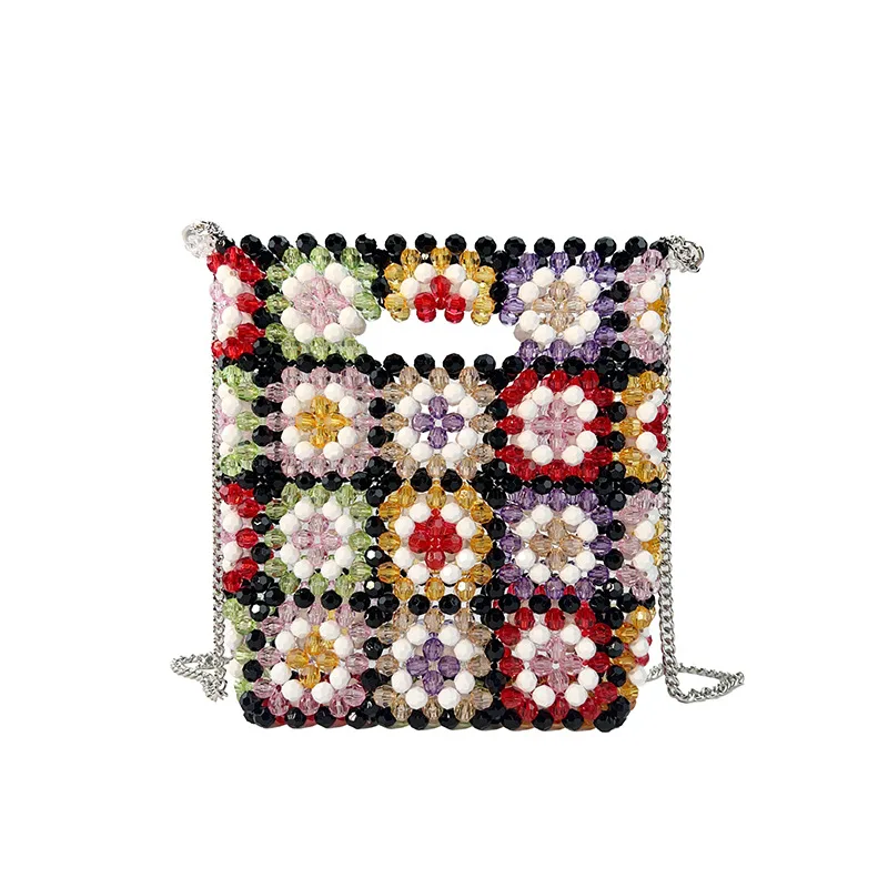 حقيبة يد نسائية جديدة ملونة مصنوعة يدويًا مطرزة بالخرز بتصميم زهور منقوشة كتلة ألوان حقائب كتف عبر الجسم لقضاء عطلة السفر