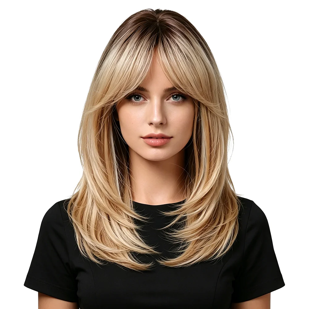 Ombre Blonde Layered Wig Dark Roots Balayage 20 Inch Straight Heat Resistant Fiber Synthetic Wigs For Women Daily Party Use