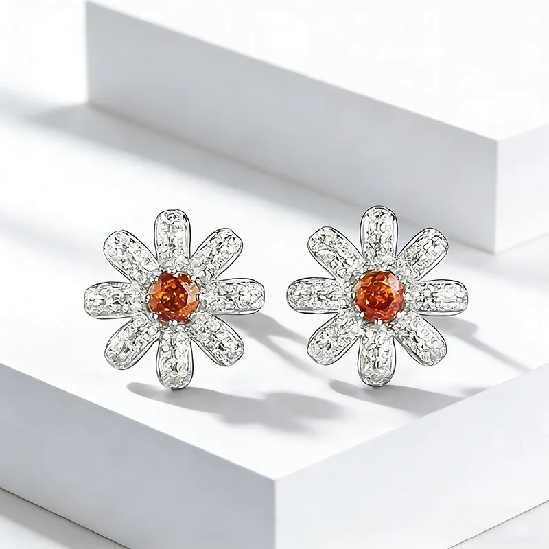 New 100% S925 Silver Daisy Flower 4.0mm Fanta Orange Earstuds Fashionable Premium Design Earrings Wedding Jewelry