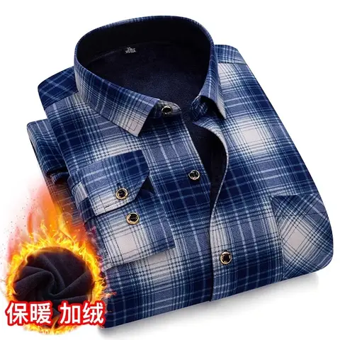 Winter New Red Men's Long Sleeve Fleece Shirt, Single Breasted Square Collar Thick Shirts, Asian Size Camisa Men Chemise