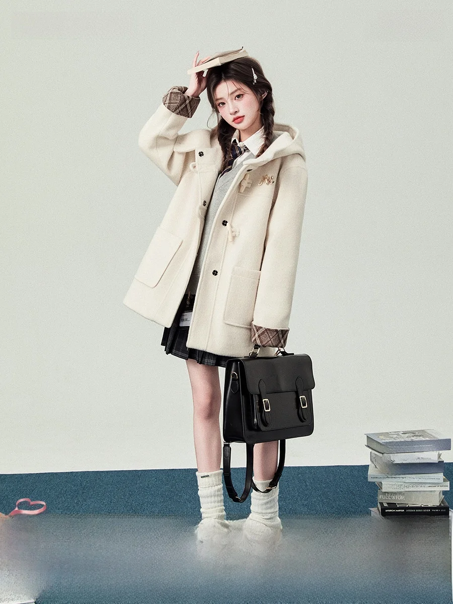 

Mrs. Flower Bell College Sle ort Jk orm Woolen Coat with Button Cotton Hooded Winter Coat for Women