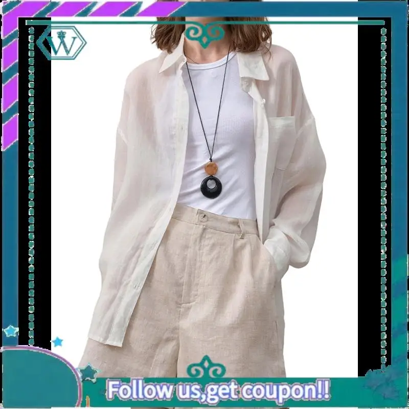 A09P Womens Button Down Shirts Long Sleeve Ramie Gauze Tops Casual Collared Blouses Loose Fit