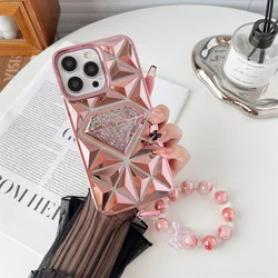 Luxury 3D Diamond Texture Pearl Wrist Chain Silicone Case for iPhone 15 Pro Max 11 12 13 14 Pro Electroplated Bling Glitter Case