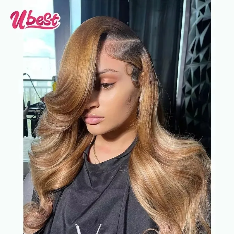 

Ubest 13X6 Transparent Lace Front Wigs Body Wave 100％ Human Hair Dark Root Honey Blonde Colored 5X5 Wig Pre Plucked For Women