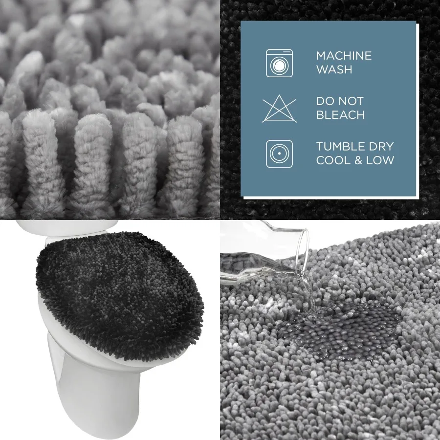 Spa Step Noodle Cubierta de tapa de inodoro de baño sólido Felpa suave y absorbente para uso doméstico Lavable a máquina Negro 18.5x19.6 pulgadas C