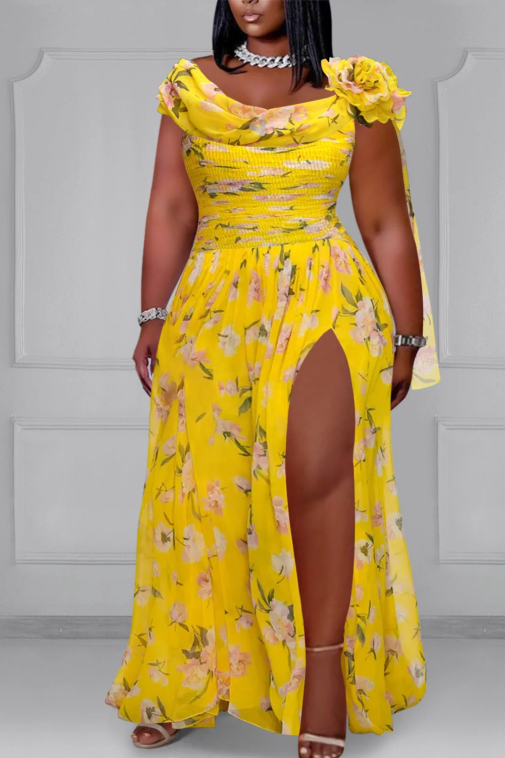 Plus Size Wedding Guest Yellow Ditsy Floral Boat Neck Split 3D Chiffon Smocked Maxi Dresses