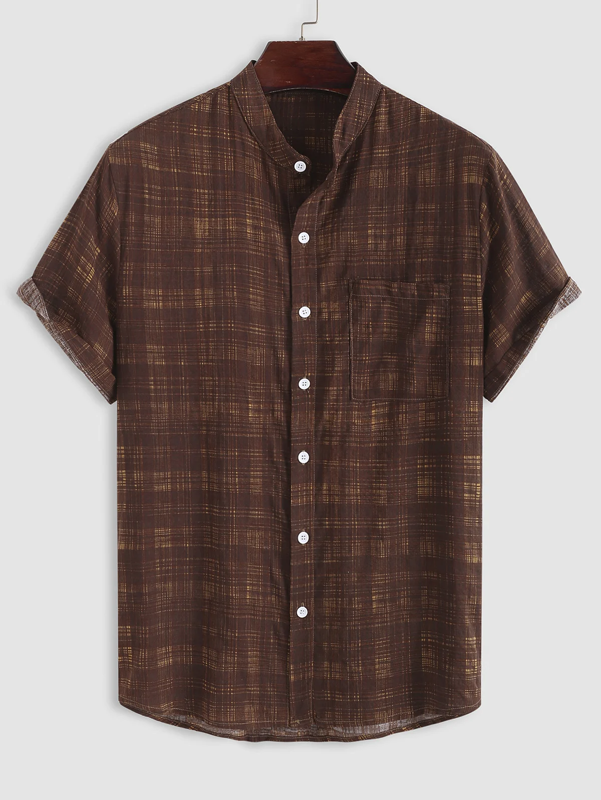 Plaid Pattern Cotton and Linen Textured Short Sleeves Shirt