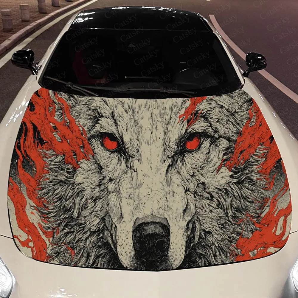 

Colorful Flaming Wolf Auto Cover Sticker, Waterproof and Self-adhesive Auto Hood Decal, Auto Vinyl Wraps, Cool Car Exterior Deca