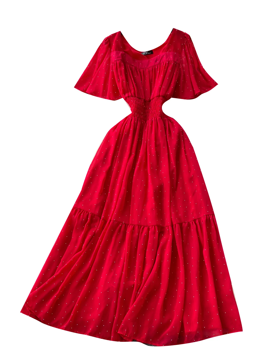 Retro Square Collar ature Sve Waist Cinched Sequin Chiffon Dr Women Summer Slimming Dra Long Skirt Korean Sle