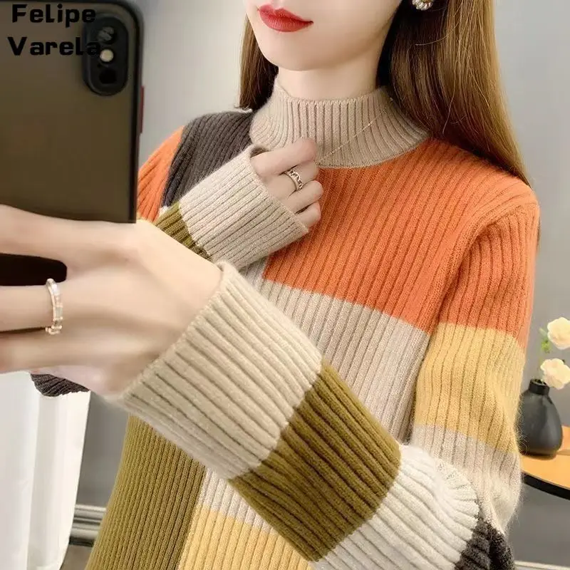 2023 autunno/inverno versione coreana nuovo mezzo collo alto maglione donna contrasto maglia fondo camicia temperamento Top lavorato a maglia