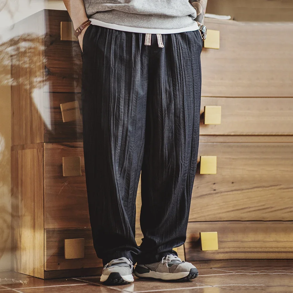 Maden Casual Cool TR Water Wave กางเกงจีบผู้ชายฤดูใบไม้ผลิและฤดูร้อนสไตล์ Cityboy กางเกงทรงหลวมพร้อมก้นเอวยางยืด