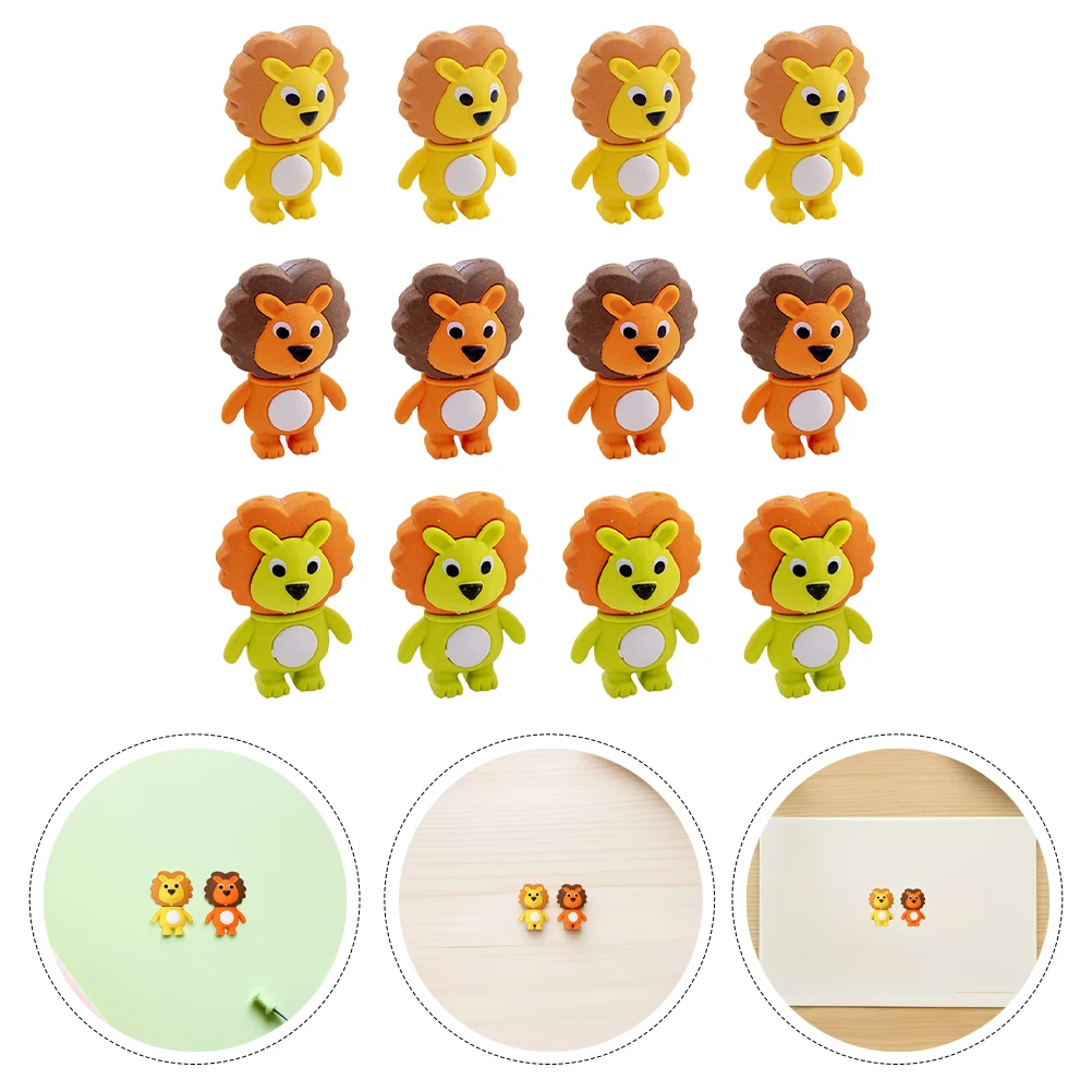 12 قطعة ممحاة الأسد الإبداعية للأطفال لطيف المطاط الكرتون الحيوان محايات صغيرة اللوازم المدرسية طالب الملحقات المحمولة مضحك