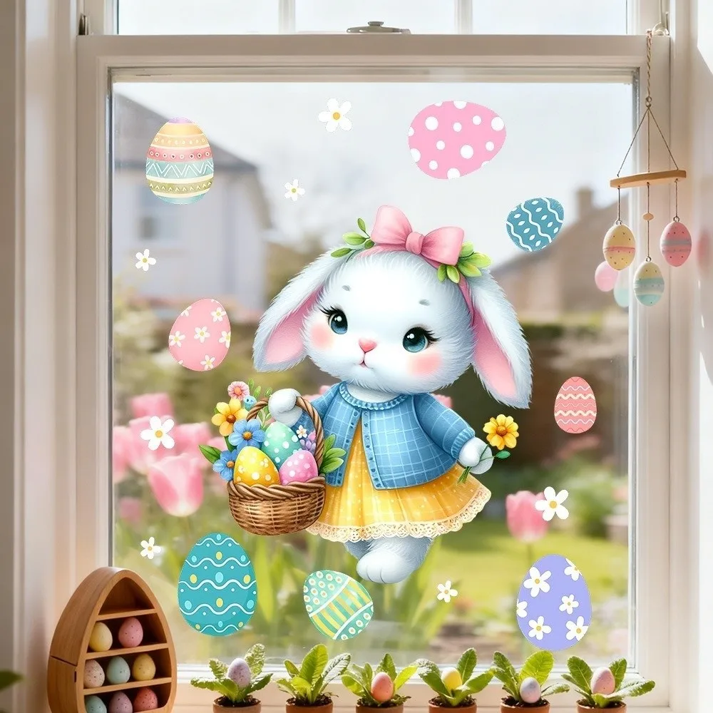 New Easter Flower Rabbit Sticker Self-Adhesive PVC Festival Party Sticker Waterproof Removable Wall Decal Glass Decoration