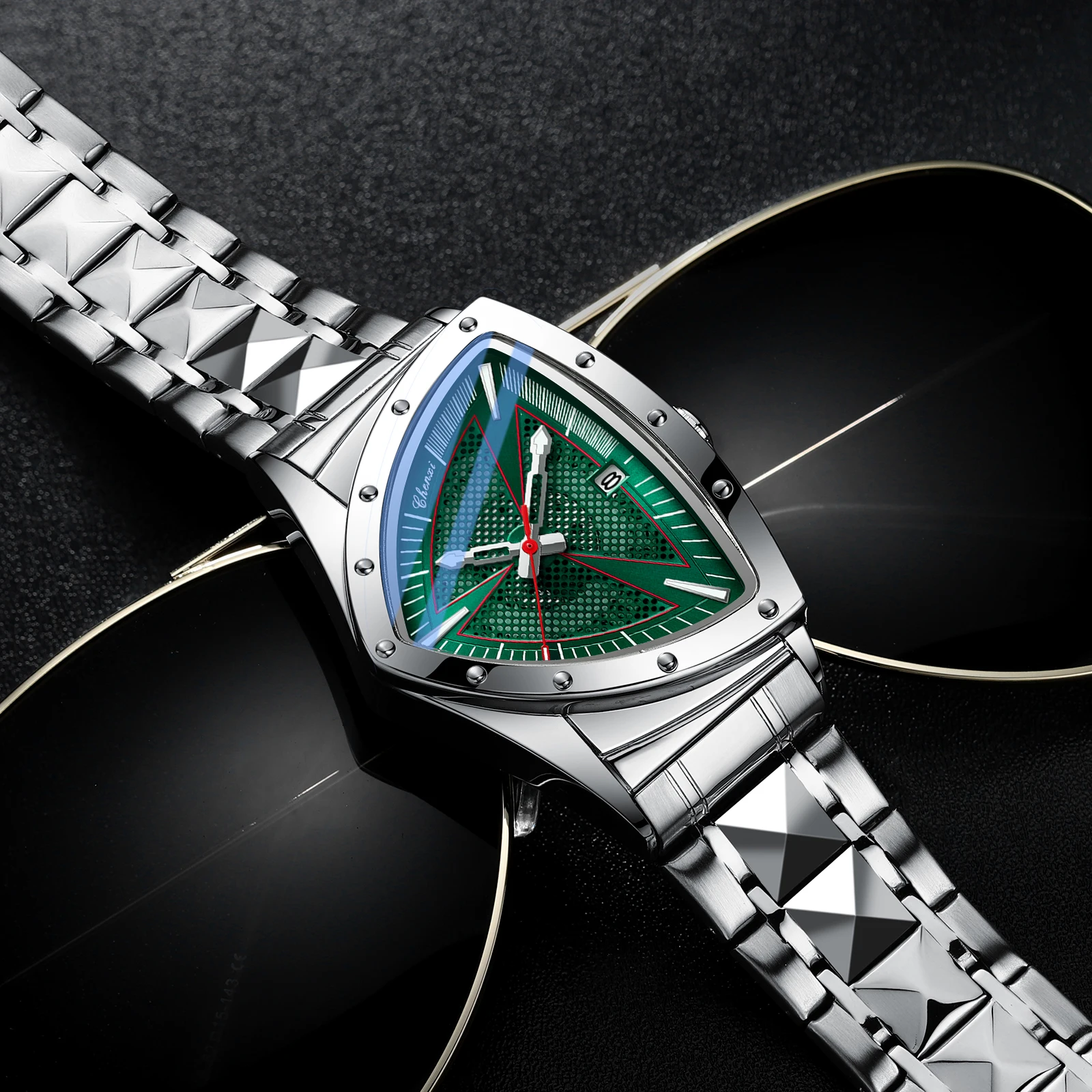 CHENXI シルバー メンズ クォーツ腕時計 不規則デザイン、防水、夜光、ステンレススチールブレスレット プレミアムタイムピース 2025