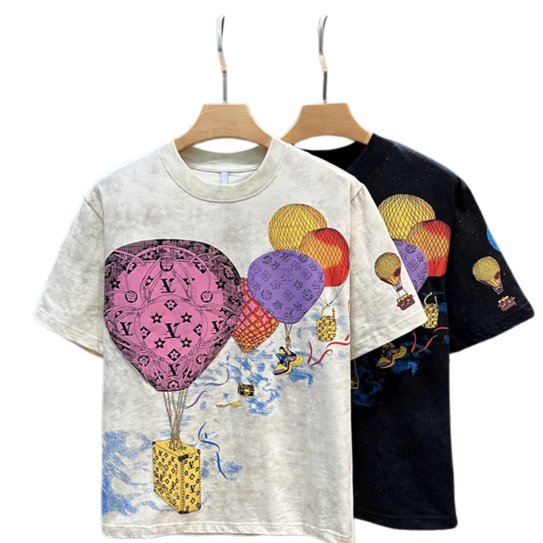 Men's 2026 Summer New American Style Colorful Hot Air Balloon Print T Shirt Tie Dye Crew Neck Short Sleeve Casual Tops