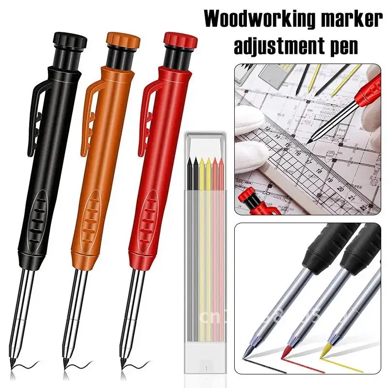 

Solid Carpenter Pencil Set with 6 Refill Leads Built-in Sharpener Deep Hole Mechanical Pencil Marker Marking Tool Woodworking