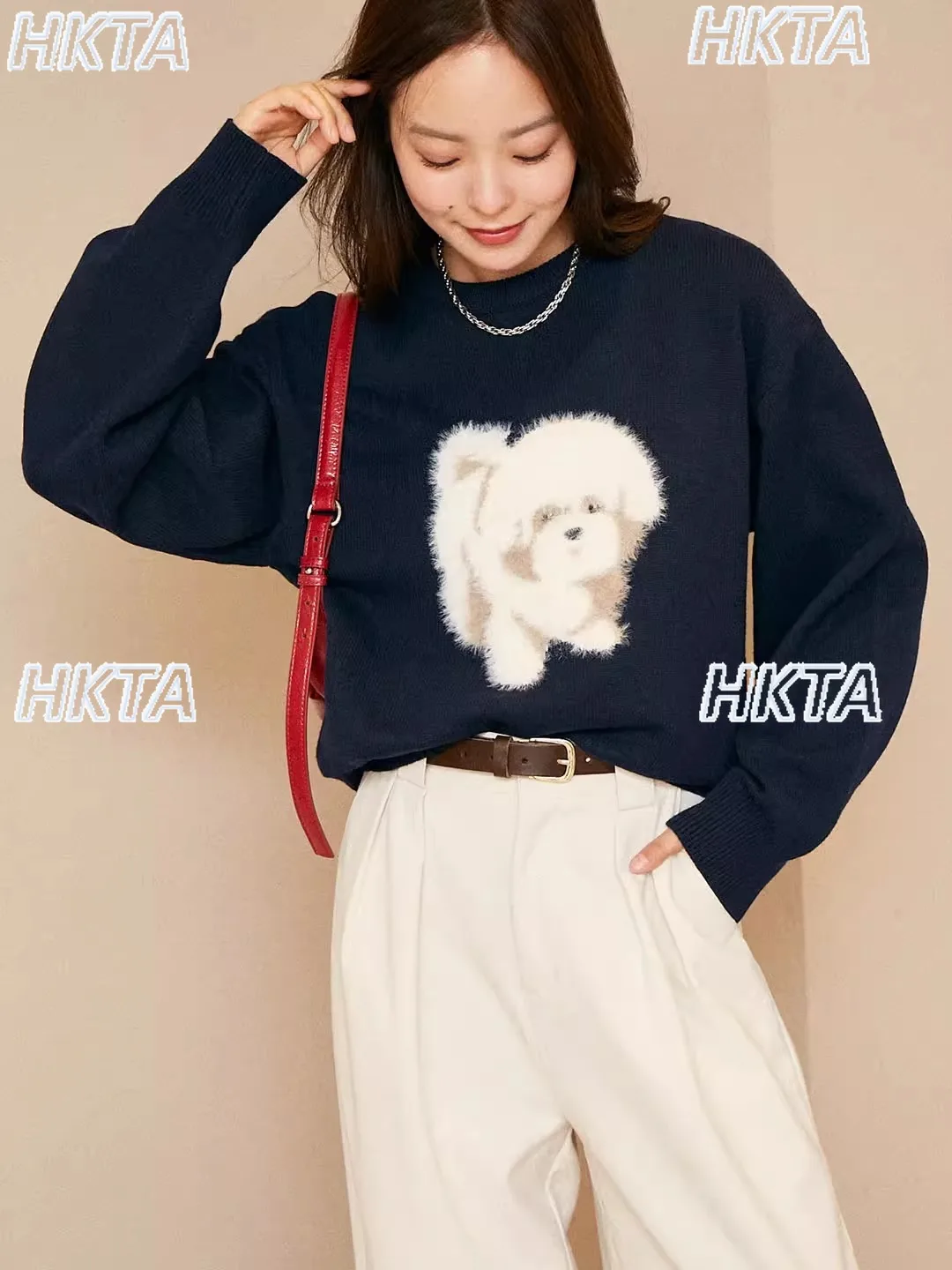Sweet Commute 2025 Autumn Winter Plush Cartoon Pattern Round Neck Loose Knitted Pullover Top Long Sleeve Black Sweater for Women