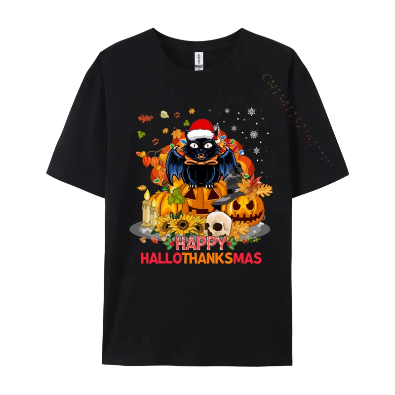 Funny Cat Happy Hallothanksmas Halloween Thanksgiving Xmas T-Shirts Black Top T-Shirts 3d Style Hot Sale Cotton Tees